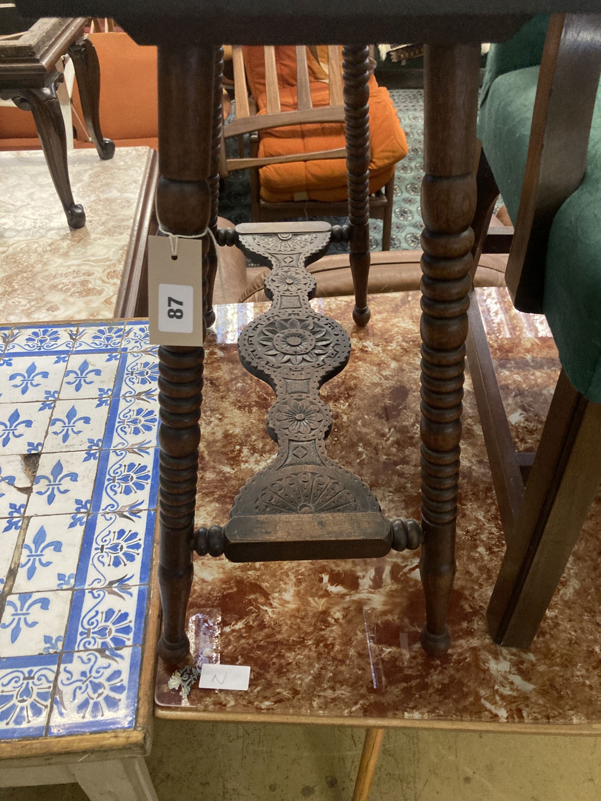 A carved rectangular bobbin leg occasional table, width 30cm height 62cm